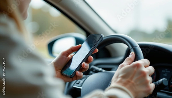 Fototapeta Smartphone held by person driving car with one hand on steering wheel, showing distracted driving risk and unsafe behavior