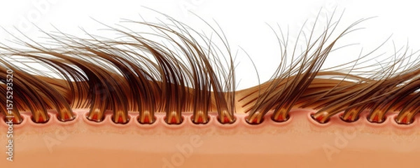 Fototapeta Closeup of split hair strands emerging from scalp showing detailed hair follicle structure and natural brown color with healthy texture