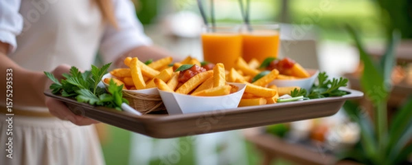 Fototapeta French fries with ketchup served on tray with fresh parsley garnish and two glasses of orange juice, held by person in casual setting