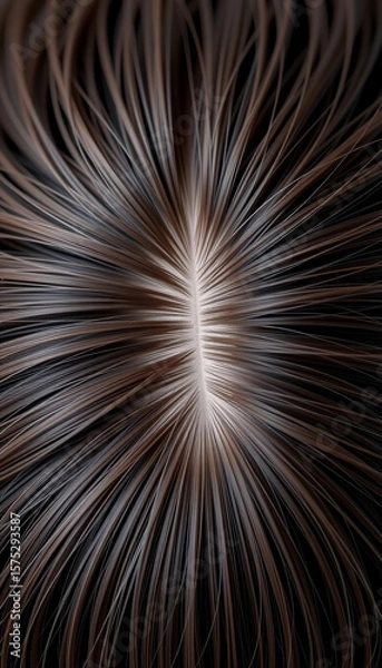 Fototapeta Closeup on symmetrical scalp parting with smooth shiny brown hair strands radiating outward in natural pattern