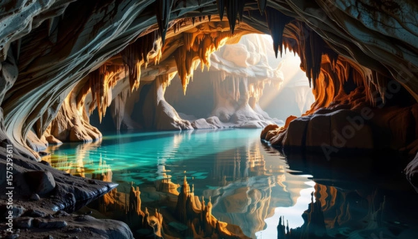 Fototapeta Underground cave with turquoise water reflecting stalactites and stalagmites, serene natural light creating peaceful atmosphere