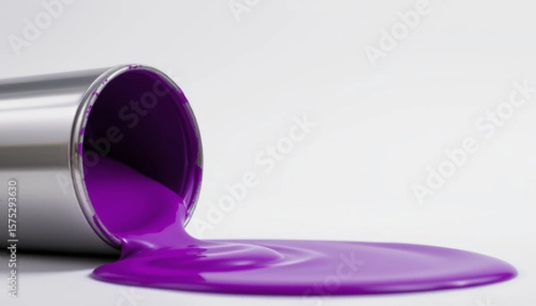Fototapeta Purple paint spilling from metal container on white surface, creating smooth and shiny liquid pool with vibrant color