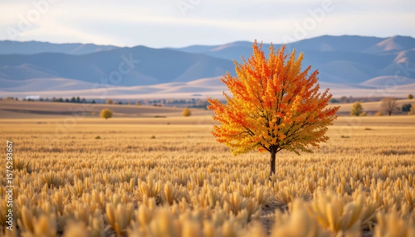 Fototapeta Autumn tree with vibrant orange and yellow leaves stands alone in golden field under soft sky with distant mountains creating peaceful mood