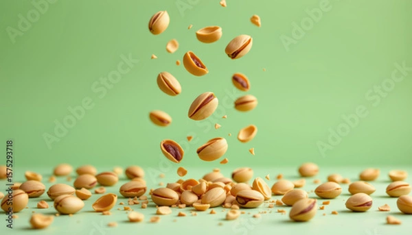 Fototapeta Pistachio nut shells and kernels levitating dynamically with scattered pieces on green background, fresh and natural snack concept