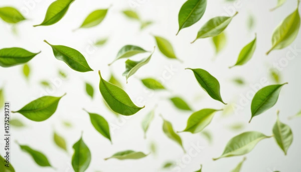 Fototapeta Green tea leaves floating in mid air with fresh vibrant green color and natural texture creating lively and refreshing atmosphere