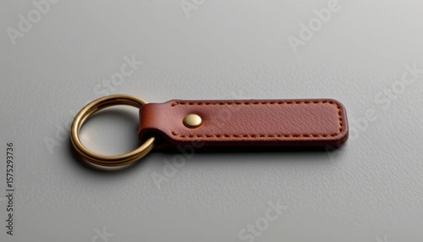 Fototapeta Elegant leather loop keychain with brass ring on gray surface, showcasing fine stitching and smooth texture in warm brown tone