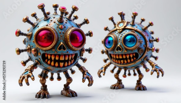 Fototapeta Steampunk virus mascots with large colorful eyes and mechanical limbs, showing detailed teeth and bolts in surreal style