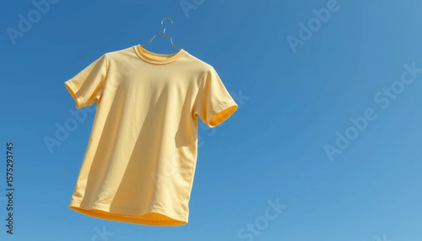 Fototapeta Yellow t shirt hanging on metal hanger against clear blue sky, bright and simple with high key concept and soft shadows