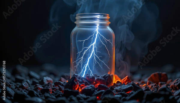 Fototapeta Lightning trapped in transparent jar surrounded by glowing hot charcoal and smoke, creating dramatic and intense atmosphere