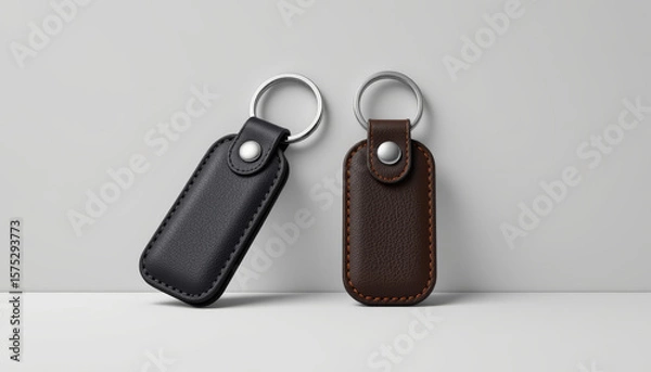Fototapeta Leather keychain with metal ring in black and brown colors, simple design with stitched edges, elegant and practical accessory for keys