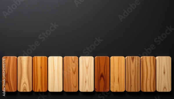 Fototapeta Wooden color palette with various natural wood textures and shades arranged in row on black background, showcasing warm and smooth finishes