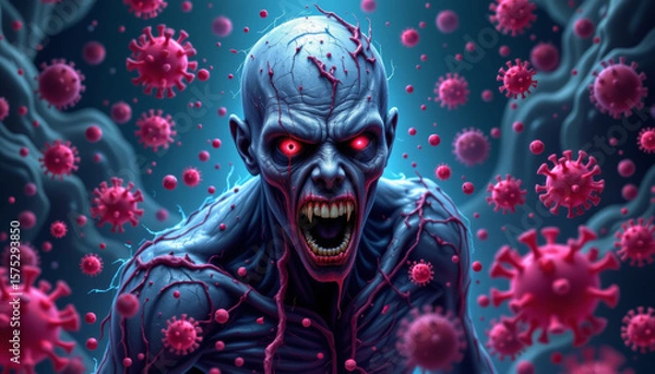 Fototapeta Zombie creature with glowing red eyes and sharp teeth surrounded by floating virus particles in dark eerie atmosphere