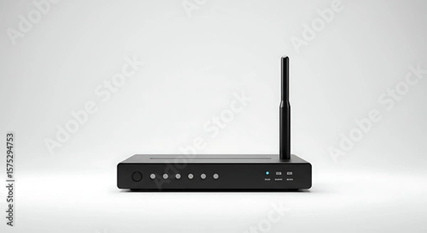 Fototapeta Sleek black wireless router with antenna, isolated on white background.  Modern networking device.