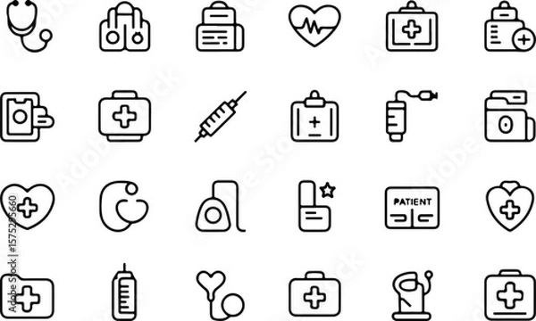 Obraz Collection of simple black line art medical icons representing healthcare symbols and equipment on a white background
