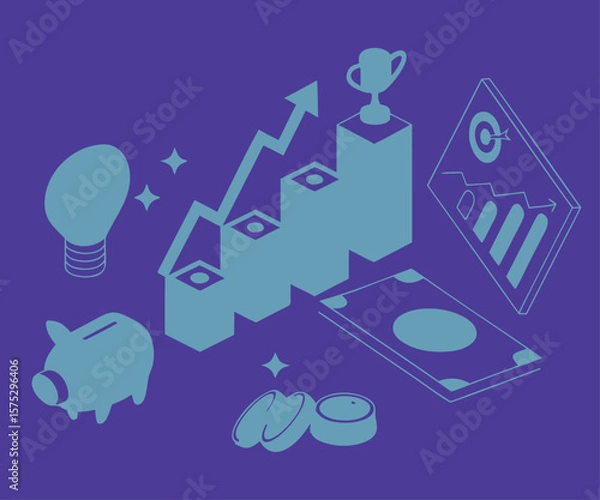 Fototapeta clean and balanced composition featuring a collage of various isolated 3D financial and infographic elements