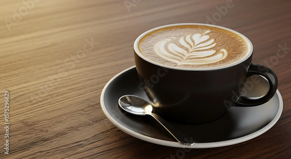 Fototapeta Aromatic latte art graces a dark cup, resting on a rich wood surface bathed in warm light.