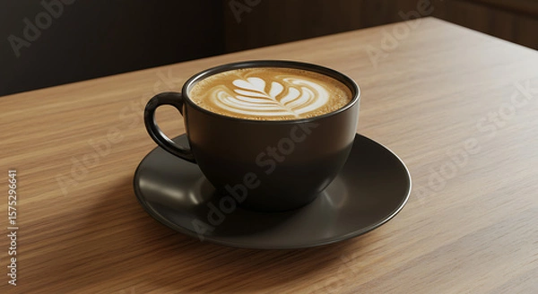 Fototapeta A close-up view of a latte art coffee in a dark mug on a wooden table.
