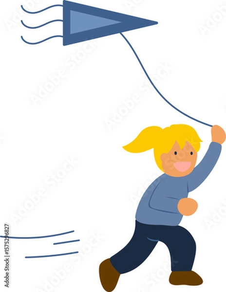 Obraz 凧を揚げて走る女の子のイラスト