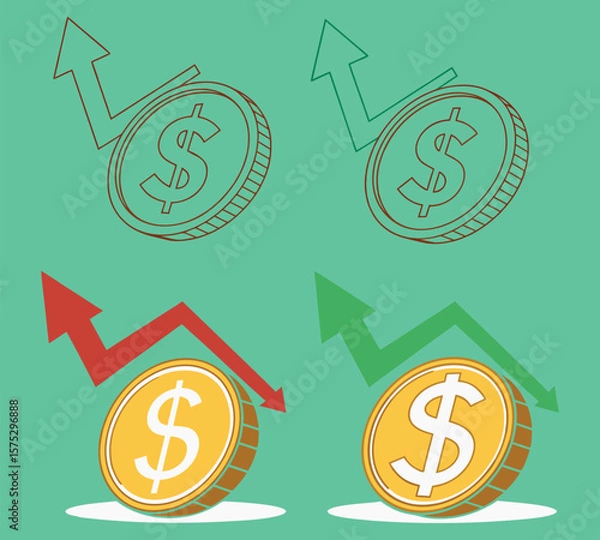 Fototapeta Minimalist Flat Design of Dollar Coins with Up and Down Trend Arrows on Transparent Background