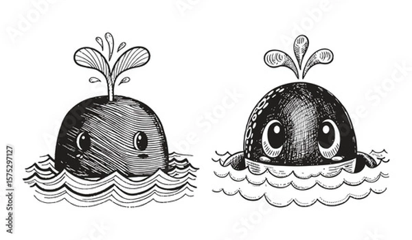 Obraz Cute whales spout water, isolated on white background, rendered in a charming, handdrawn cartoon style with expressive eyes