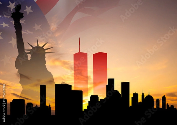 Obraz 09.11.2001 American Patriot Day banner. Silhouette of New York skyline with red silhouette of Towers and Statue of Liberty
