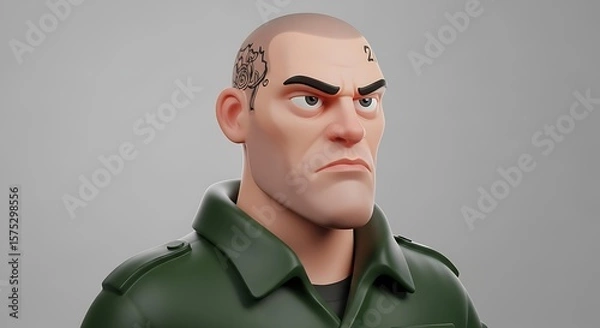Obraz Cartoonish 3D rendering of a man with a stern expression, tattoos on his head, and wearing a green shirt.