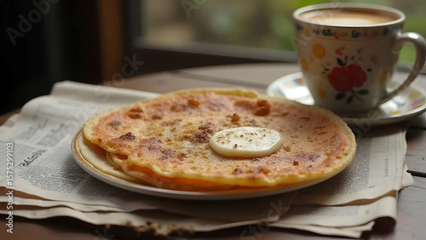 Fototapeta Balanced Desi Breakfast with Tea and Curd