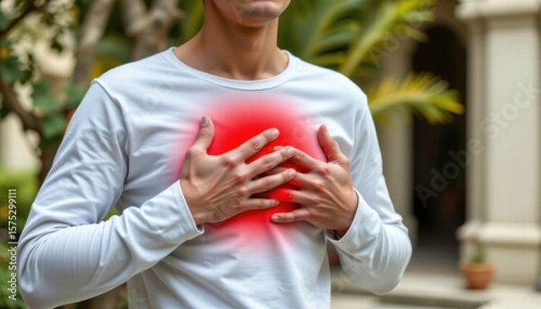Fototapeta Person is experiencing discomfort, holding their chest with both hands, indicating possible health issue. background features greenery and blurred architectural setting, creating serene atmosphere