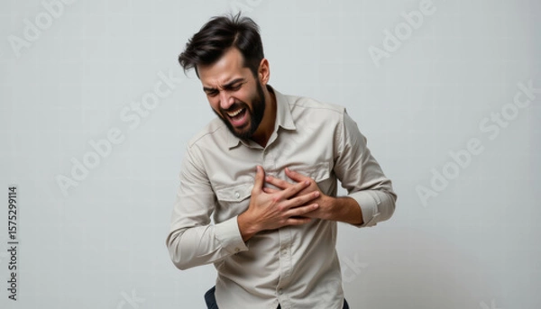Fototapeta Man expresses intense emotion, clutching his chest in moment of distress. His facial expression conveys pain or anguish, set against neutral background