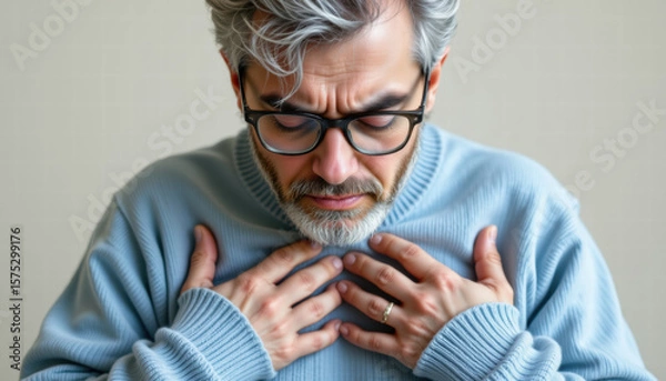 Fototapeta Man with gray hair and glasses is experiencing discomfort, holding his chest with concerned expression. He wears light blue sweater, conveying sense of vulnerability and worry