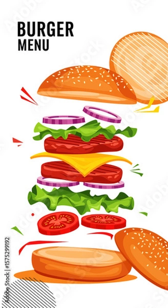 Fototapeta Delicious Burger Menu Design, Graphic Food Concept, Colorful Elements, Modern Style, Vertical View, Restaurant Environment