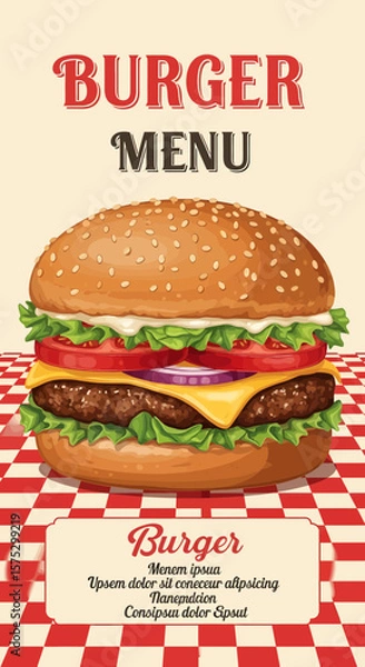 Fototapeta Delicious Burger Menu Featuring Juicy Patties and Fresh Toppings in a Casual Dining Setting