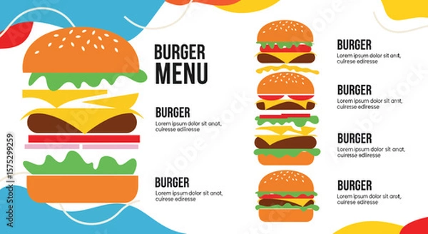 Fototapeta Delicious Burger Menu Design Featuring Multiple Variants, Vibrant Colors, Graphic Illustration, Creative Food Presentation