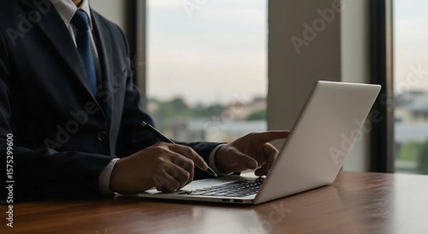 Fototapeta A businessman in a suit working on a laptop at a wooden desk.