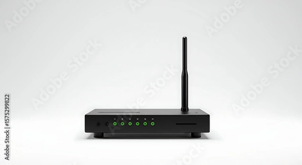 Fototapeta A black wireless router with a single antenna and indicator lights on a white background.