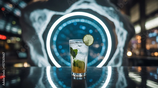 Fototapeta  Mojito in front of a time portal – Background warped by spacetime distortion, the glass in perfect stillness