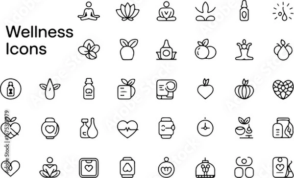 Obraz A comprehensive collection of simple outline icons representing various aspects of wellness including yoga meditation health and natural remedies
