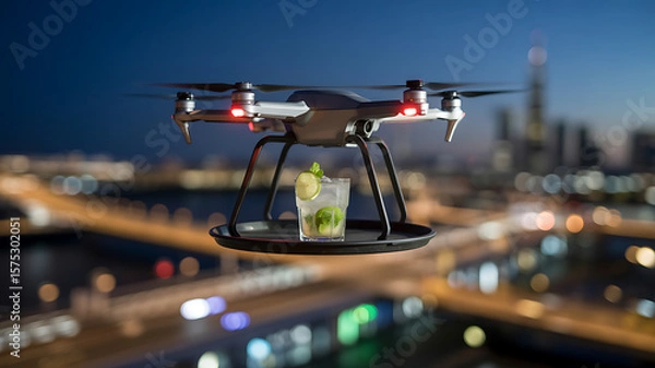 Fototapeta Mojito on a drone delivery tray over a glowing city at night – Wind effects, movement blur, drink still sharp
