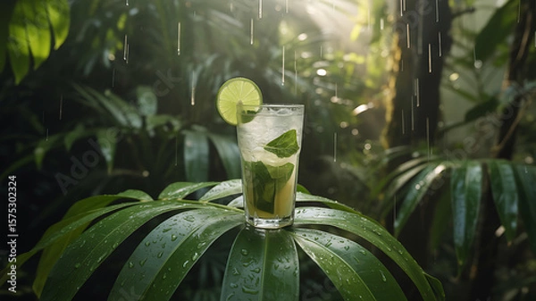 Fototapeta Mojito on a leaf in a rainforest during golden hour rain – Hyperrealistic droplets on glass and leaf, rich green tones 