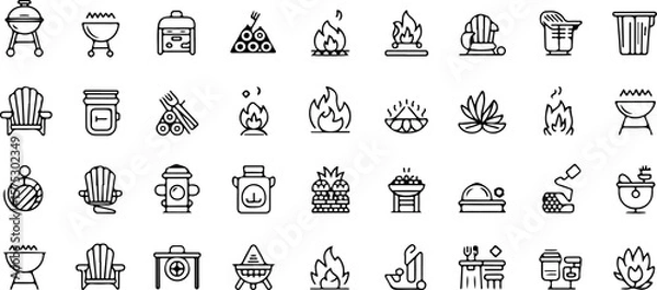 Obraz Collection of hand drawn outline icons representing outdoor activities like barbecuing camping and relaxing in lawn chairs with fire elements