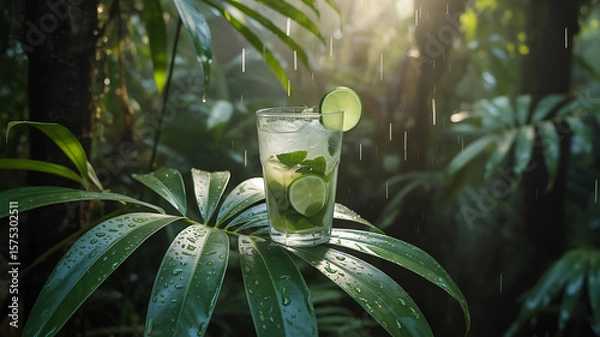 Fototapeta Mojito on a leaf in a rainforest during golden hour rain – Hyperrealistic droplets on glass and leaf, rich green tones 