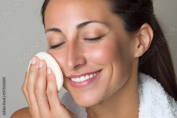 Fototapeta Smiling woman cleansing face with cotton pad during skincare routine
