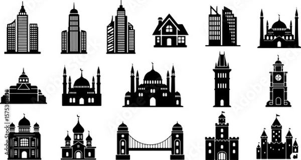 Obraz Collection of diverse architectural silhouettes including modern skyscrapers traditional houses mosques a clock tower a bridge and castles on a white background