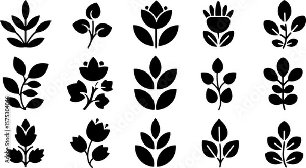 Obraz Collection of stylized black botanical icons featuring various leaf arrangements and floral silhouettes on a clean white background