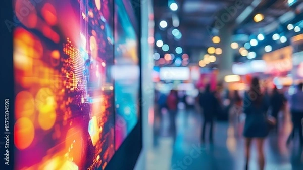 Fototapeta Illuminating Exhibition: A dynamic exhibition hall with a large display, vibrant colors and people interacting, conveying a sense of innovation and engagement.