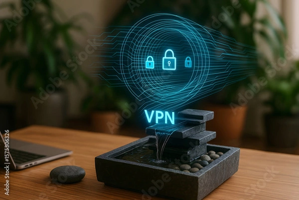 Obraz Concept of virtual private network security with illuminated padlock icons and water fountain on wooden table