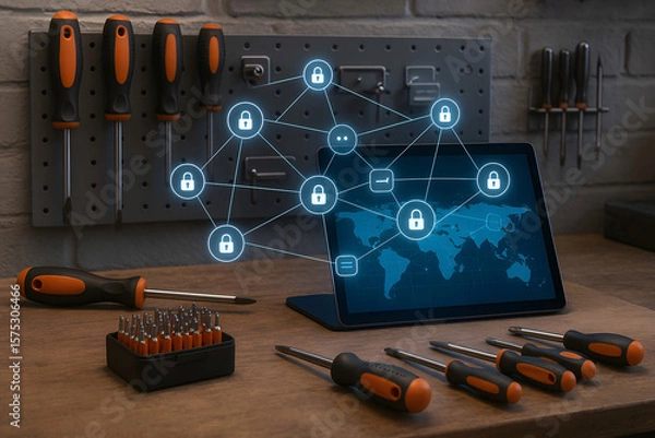 Obraz Cyber security concepts illustrated with networked padlock icons and tools on a wooden workbench