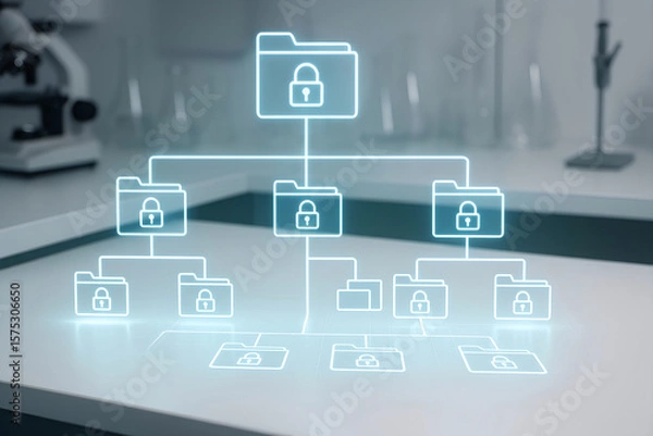 Obraz Digital data security conceptual image with secured folders and padlocks on a laboratory background