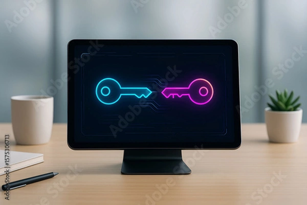 Obraz Digital security and data encryption concept showcased on tablet with a key symbol illustration representing network protection and access control