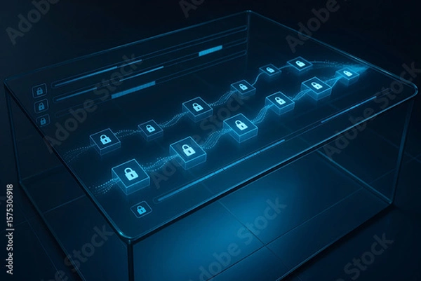 Obraz Futuristic data encryption visualization depicting secure digital information flow and cybersecurity measures in a modern glowing interface